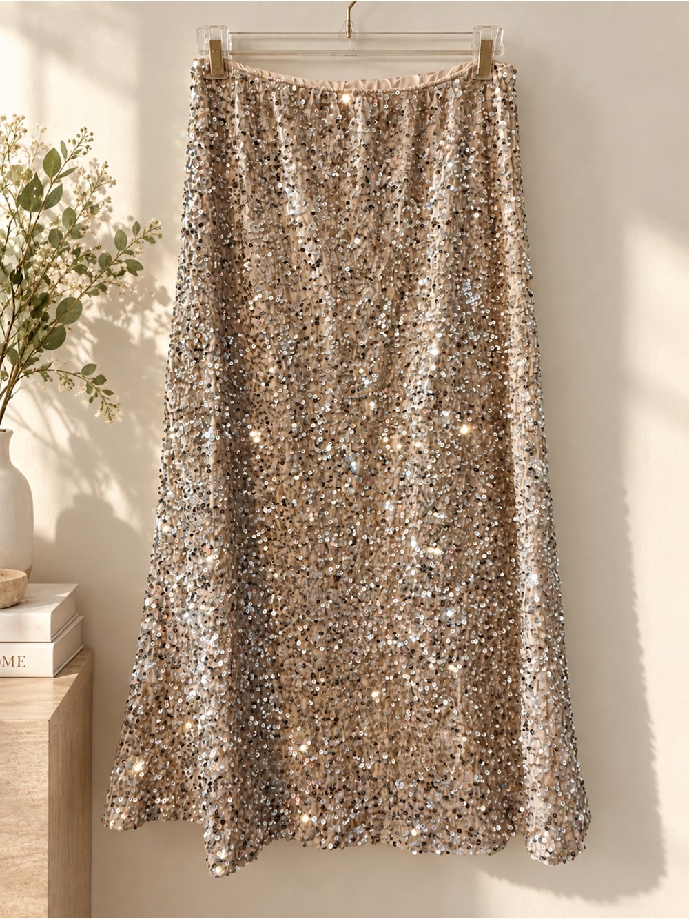 Old Navy Sequin Maxi Skirt Size L Champagne Silver Holiday Party ✨